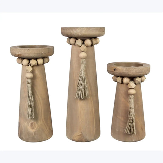 Wood Pillar Candle Holder Set with Blessing Bead Trim